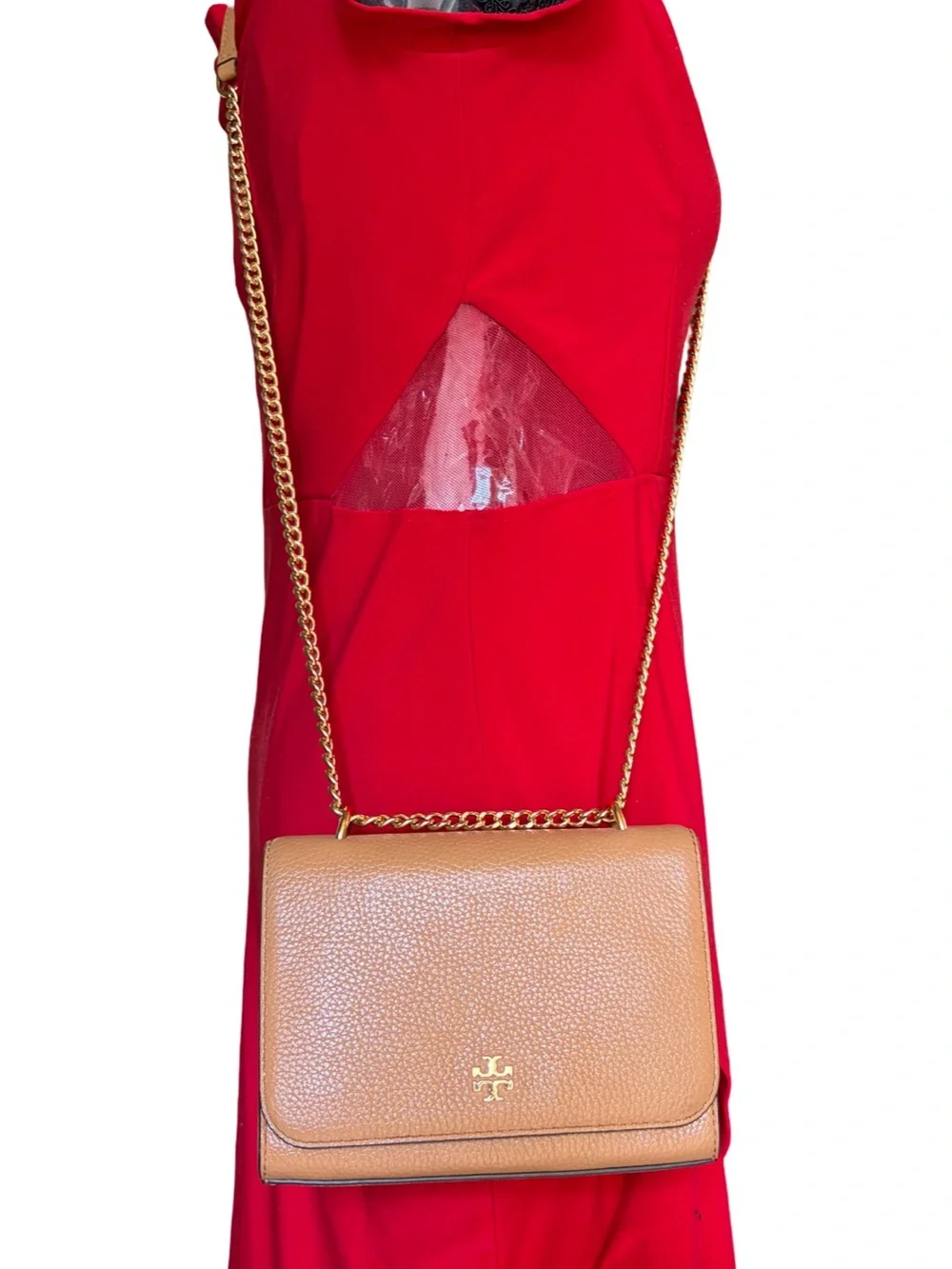Tory Burch Carter Shrunken Shoulder Bag Tan Pebbled Leather Gold Hardware